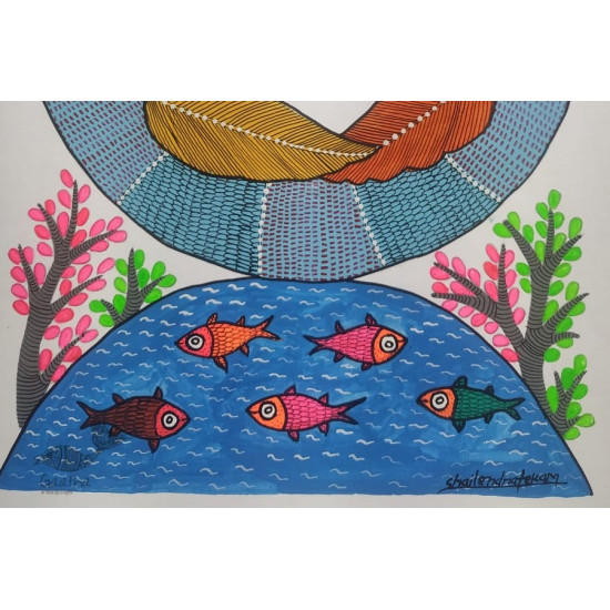 Buy Hand Painted Gond  Painting  - Two Peacock