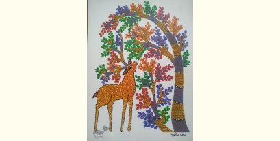 Gond Art | Hand Painted Gond Painting ( 11.5 x 15 inch ) - Deer under the tree