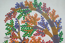 Gond Art | Hand Painted Gond Painting ( 11.5 x 15 inch ) - Deer under the tree