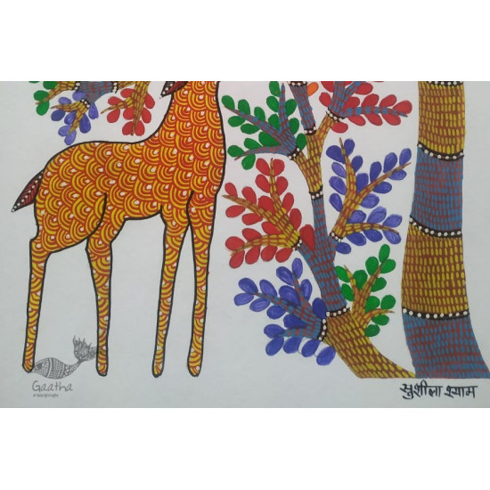 Buy Hand Painted Gond  Painting- Deer under the tree