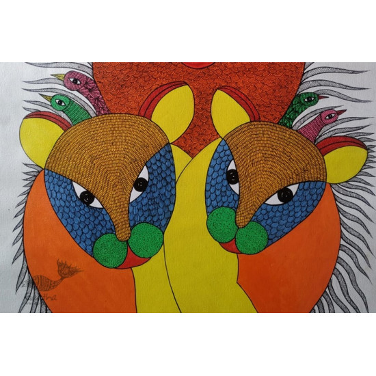 Buy Hand Painted Gond  Painting - Three Tigers