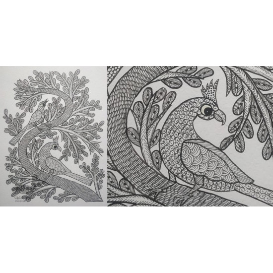 Buy Hand Painted Gond Painting - Black & White 