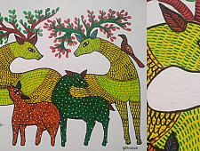 Gond Art | Hand Painted Gond Painting ( 11.5 x 15 inch ) - Deer Family