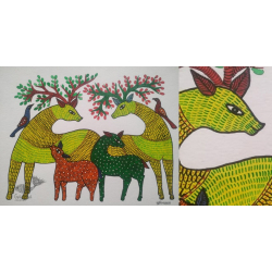 Gond Art | Hand Painted Gond Painting ( 11.5 x 15 inch ) - Deer Family