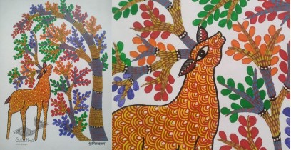 Gond Art | Hand Painted Gond Painting ( 11.5 x 15 inch ) - Deer under the tree