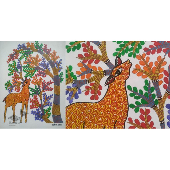 Buy Hand Painted Gond  Painting- Deer under the tree