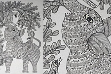 Gond Art | Hand Painted Gond Painting ( 11.5 x 15 inch ) - Elephant Black & White