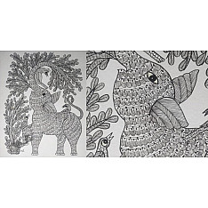 Gond Art | Hand Painted Gond Painting ( 11.5 x 15 inch ) - Elephant Black & White