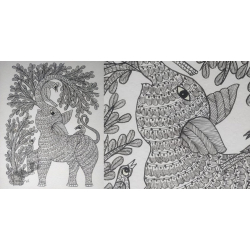 Gond Art | Hand Painted Gond Painting ( 11.5 x 15 inch ) - Elephant Black & White