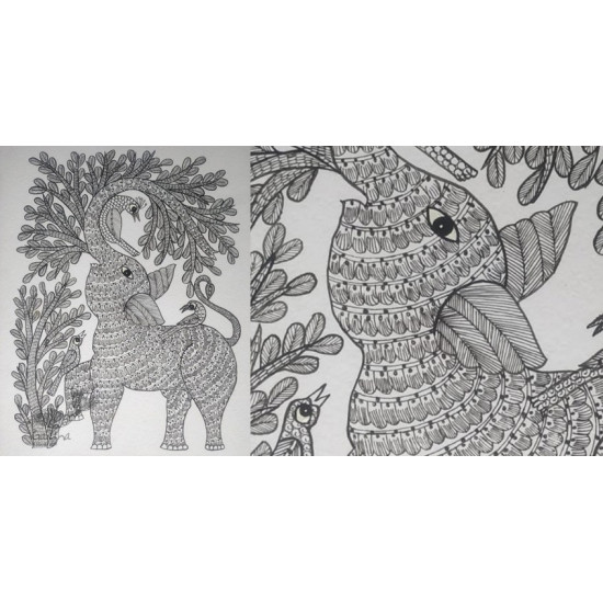 Buy Hand Painted Gond  Painting - Elephant Black & White