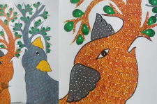 Gond Art | Hand Painted Gond Painting ( 11.5 x 15 inch ) - Grey & Orange Elephants