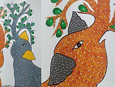 Gond Art | Hand Painted Gond Painting ( 11.5 x 15 inch ) - Grey & Orange Elephants
