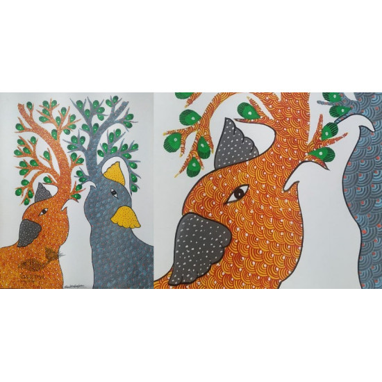 Buy Hand Painted Gond  Painting - Grey & Orange Elephants