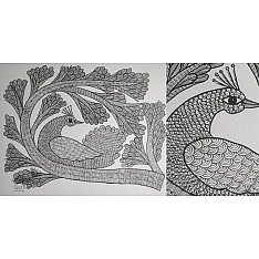 Gond Art | Hand Painted Gond Painting ( 11.5 x 15 inch ) - Peacock Black & white
