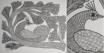 Gond Art | Hand Painted Gond Painting ( 11.5 x 15 inch ) - Peacock Black & white