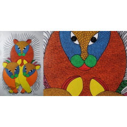 Gond Art | Hand Painted Gond Painting ( 2 x 3 Feet ) - Three Tigers