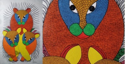 Gond Art | Hand Painted Gond Painting ( 2 x 3 Feet ) - Three Tigers