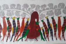 Gond Art | birds On Indian Art- Canvas Gond Painting ( 3 X 6 Feet )