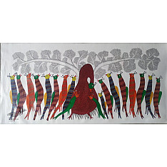 Gond Art | birds On Indian Art- Canvas Gond Painting ( 3 X 6 Feet )