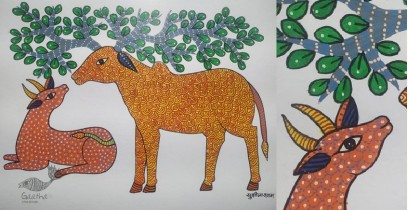 Gond Art ~ Hand Painted Gond Painting - Cow & Calf
