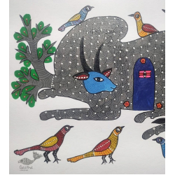 Gond Art ~ Hand Painted Gond Painting - Nandi & Shivling