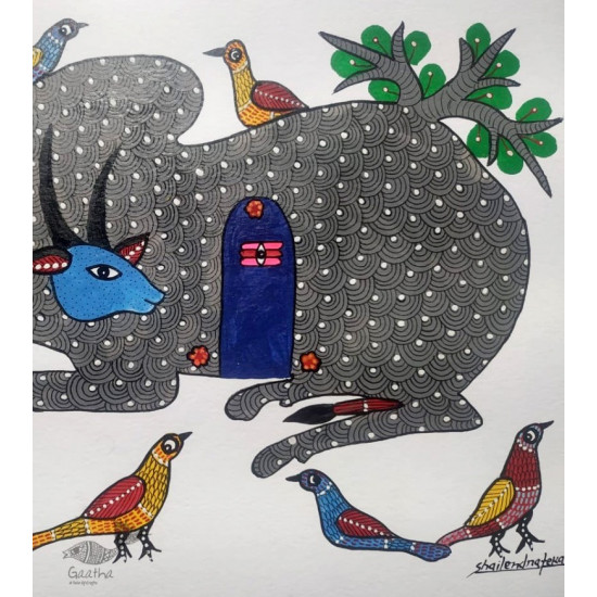 Gond Painting - indian art Nandi & Shivling