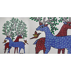 Gond Art ~ Hand Painted Gond Painting - Birds & Deer
