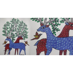 Gond Art ~ Hand Painted Gond Painting - Birds & Deer