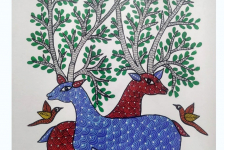 Gond Art ~ Hand Painted Gond Painting - Birds & Deer