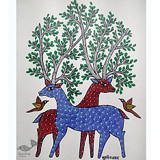 Gond Art ~ Hand Painted Gond Painting - Birds & Deer