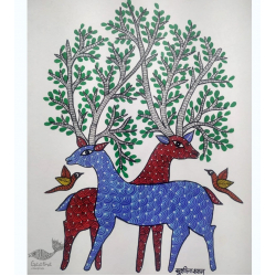 Gond Art ~ Hand Painted Gond Painting - Birds & Deer