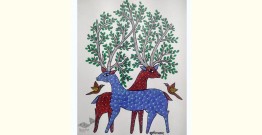 Gond Art ~ Hand Painted Gond Painting - Birds & Deer