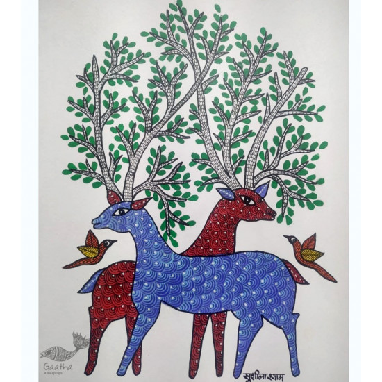 Gond Painting - indian art Birds & Deer