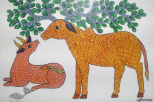 Gond Art ~ Hand Painted Gond Painting - Cow & Calf