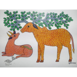 Gond Art ~ Hand Painted Gond Painting - Cow & Calf