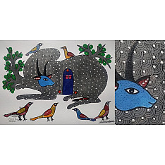 Gond Art ~ Hand Painted Gond Painting - Nandi & Shivling