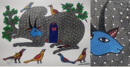 Gond Art ~ Hand Painted Gond Painting - Nandi & Shivling