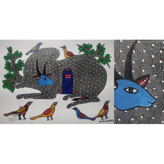 Gond Painting - indian art Nandi & Shivling