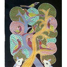 Gond Art ~ Hand Painted Gond Painting - Peahen & Peacock