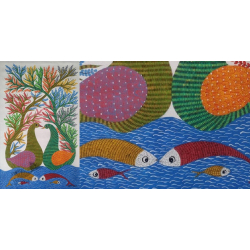 Gond Art ~ Hand Painted Gond Painting - Peahen & Peacock