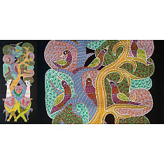 Gond Art ~ Hand Painted Gond Painting - Peahen & Peacock