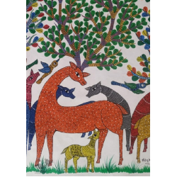 Gond Art | Deer Family - Hand Painted Gond Painting ( 3 x 4 Feet )