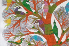 Gond Art | Birds on Tree - Hand Painted Canvas Gond Painting ( 3 X 5 Feet )