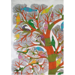 Gond Art | Birds on Tree - Hand Painted Canvas Gond Painting ( 3 X 5 Feet )