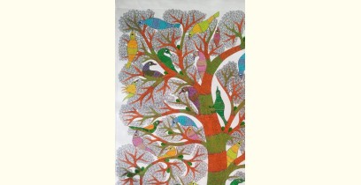 Gond Art | Birds on Tree - Hand Painted Canvas Gond Painting ( 3 X 5 Feet )