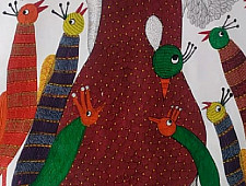 Gond Art | birds On Indian Art- Canvas Gond Painting ( 3 X 6 Feet )