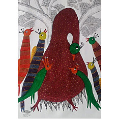 Gond Art | birds On Indian Art- Canvas Gond Painting ( 3 X 6 Feet )
