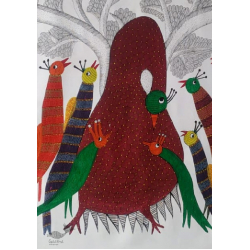 Gond Art | birds On Indian Art- Canvas Gond Painting ( 3 X 6 Feet )