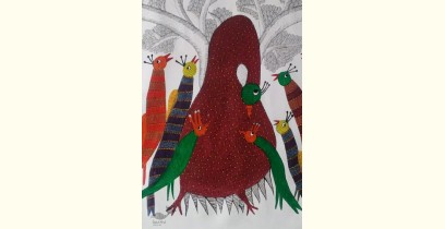 Gond Art | birds On Indian Art- Canvas Gond Painting ( 3 X 6 Feet )