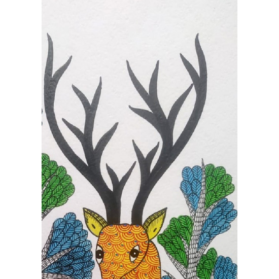 Buy Hand Painted Gond Painting - Mother deer with Baby deer